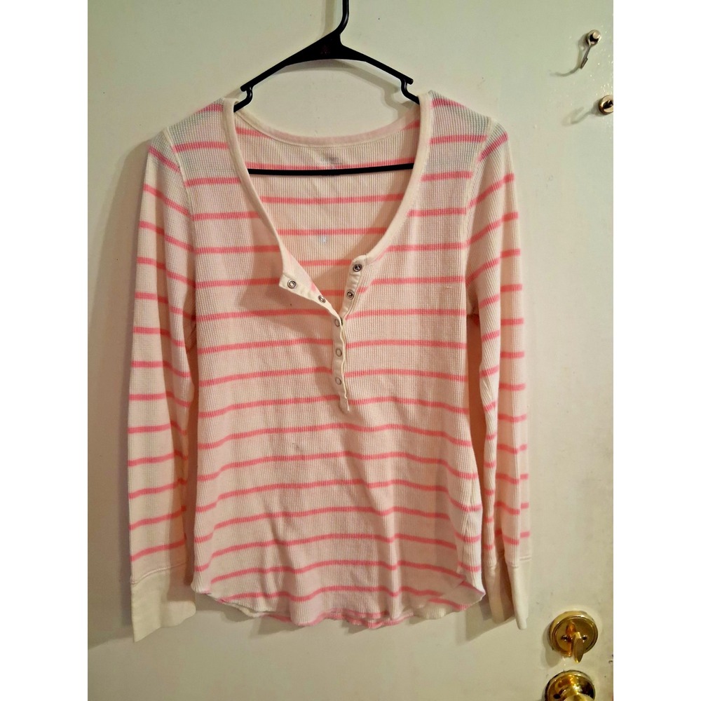 Vtg Y2K Striped Waffle Henley Ivory Pink L‎ VGUC